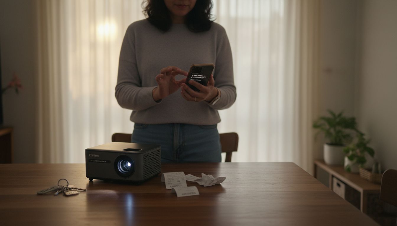 Seorang wanita sedang menyambungkan telefon bimbitnya ke projektor.