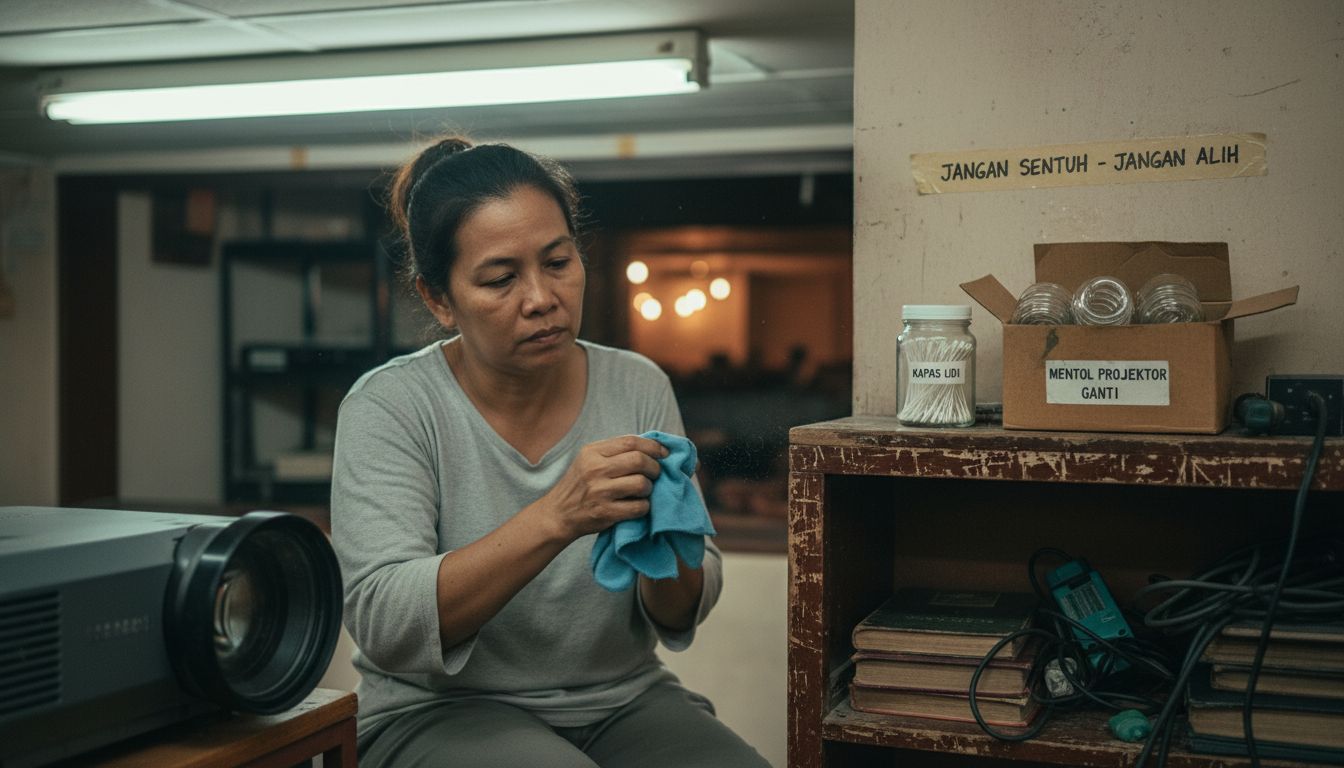 Seorang wanita sedang membersihkan lensa projektor di bilik AV.