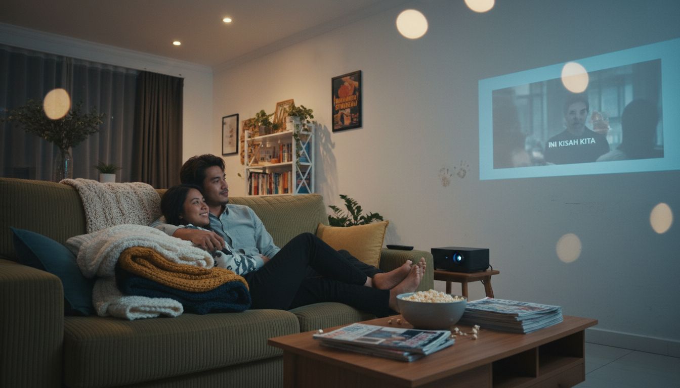 Pasangan santai menonton filem di rumah dengan menggunakan projektor laser, seolah-olah berada di pawagam sendiri.