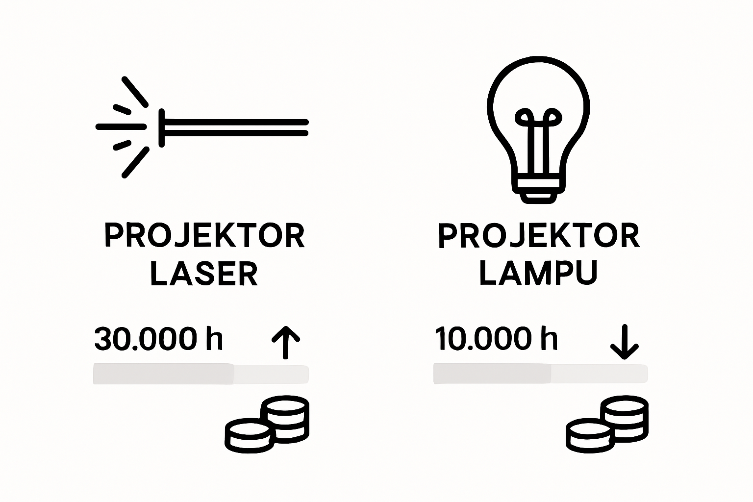 Infografik perbandingan jangka hayat dan kos antara projektor laser dan projektor lampu