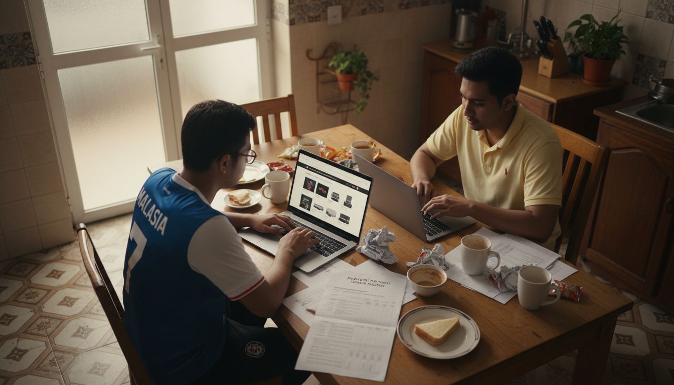 Beberapa rakan duduk di meja dapur sambil membandingkan spesifikasi projektor masing-masing.