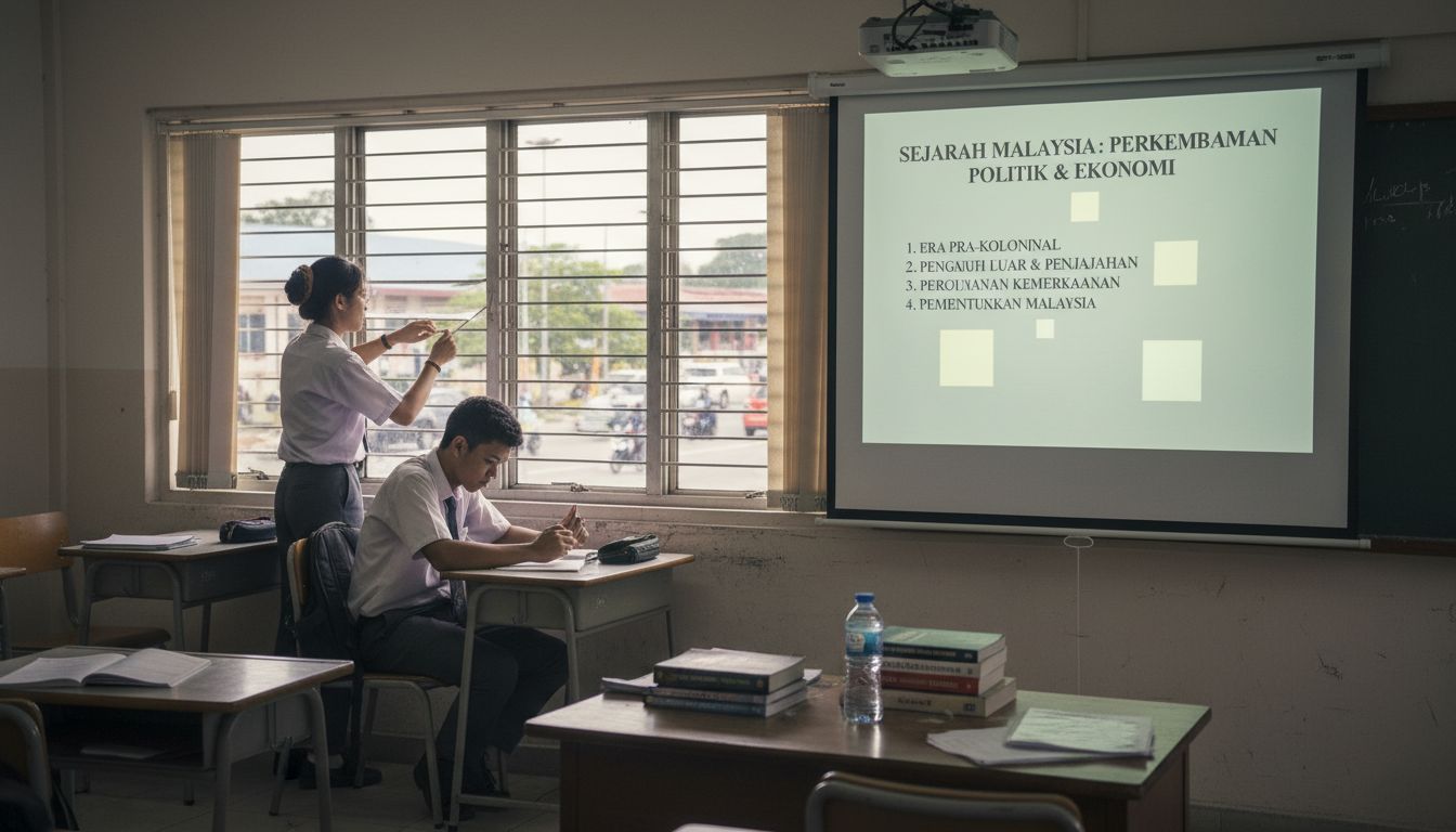 Beberapa pelajar sedang menyesuaikan pencahayaan di dalam kelas supaya paparan projektor lebih jelas.