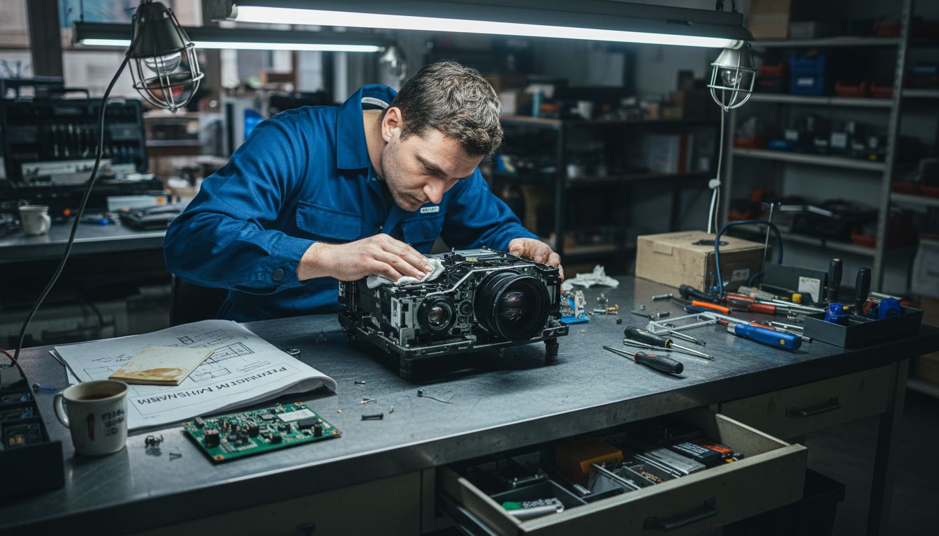 Technician working on projector internals