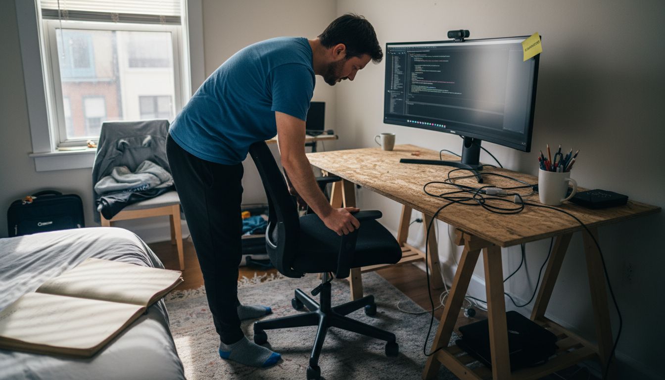 Man organizing cluttered home office workspace