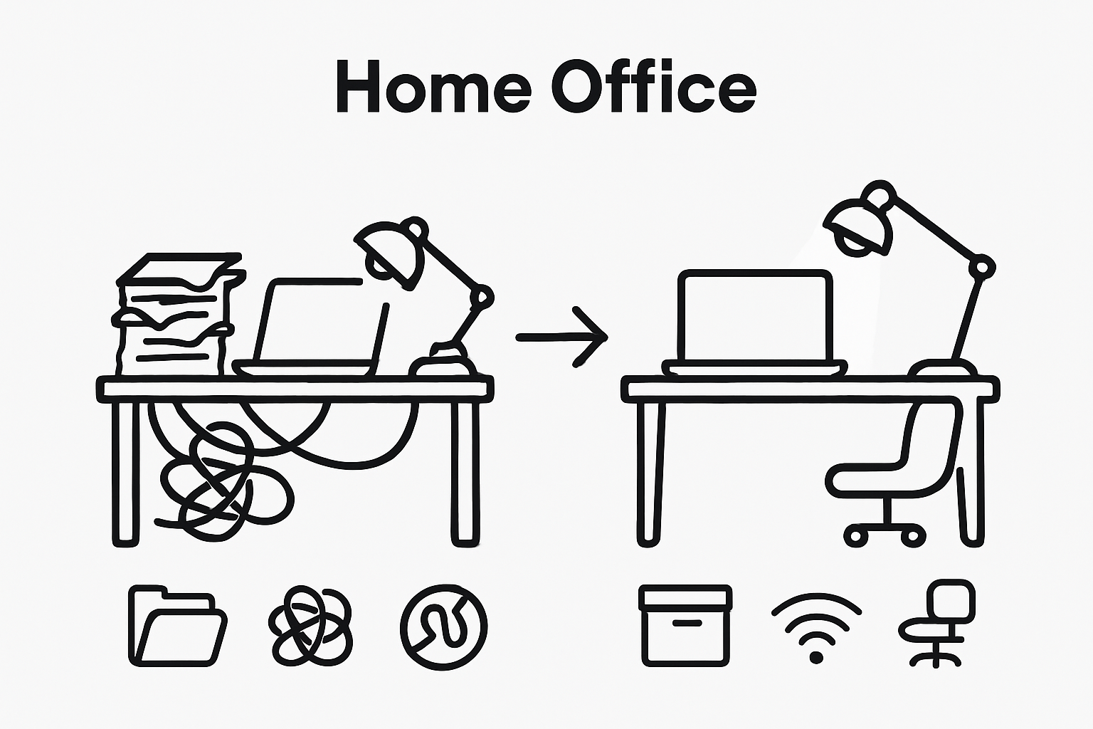 Infographic contrasting messy versus optimized home workspaces