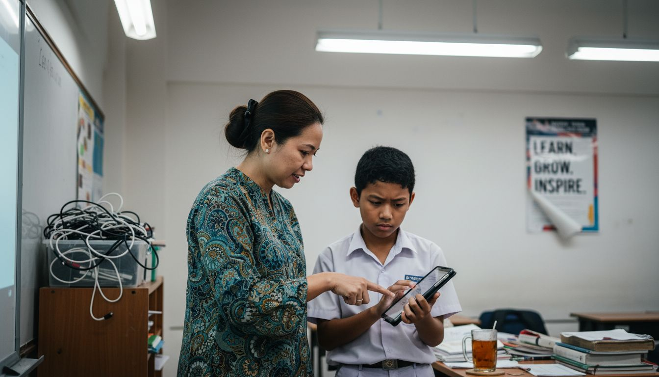 Teacher assisting student with a tablet