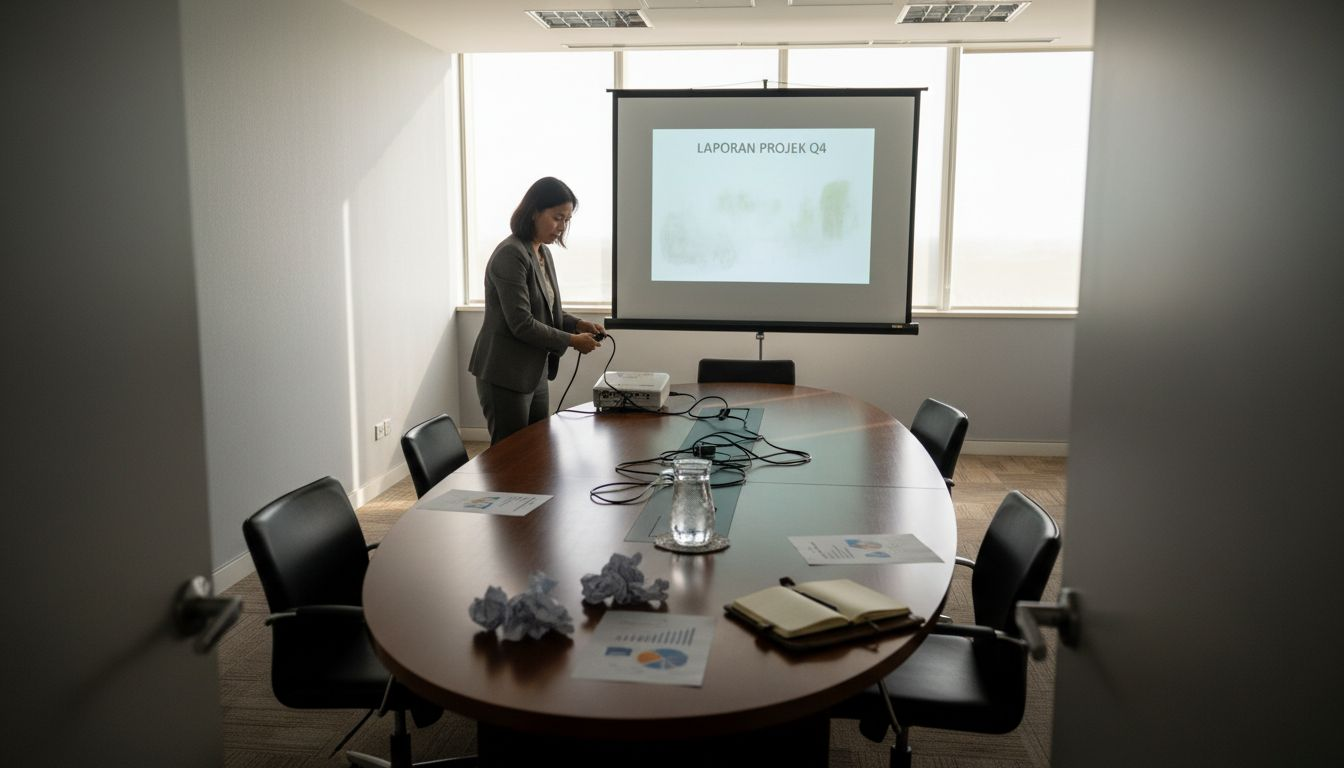 Projektor sedang dikemas selepas mesyuarat tamat.