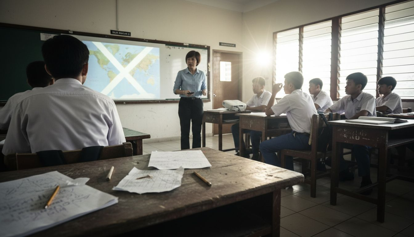 Para pelajar bersama guru sedang memberi tumpuan kepada paparan di skrin projektor yang cerah.