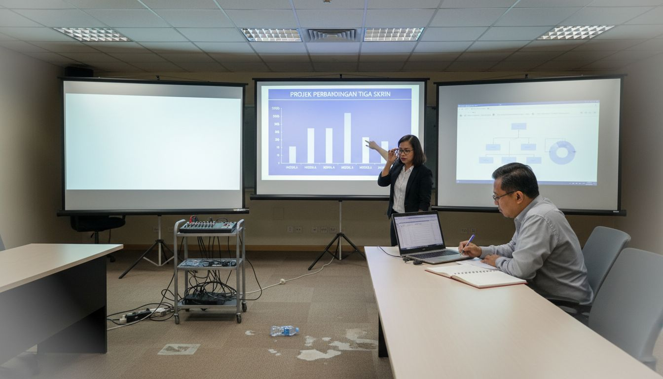 Beberapa orang sedang membandingkan jenis-jenis skrin projektor semasa mesyuarat.