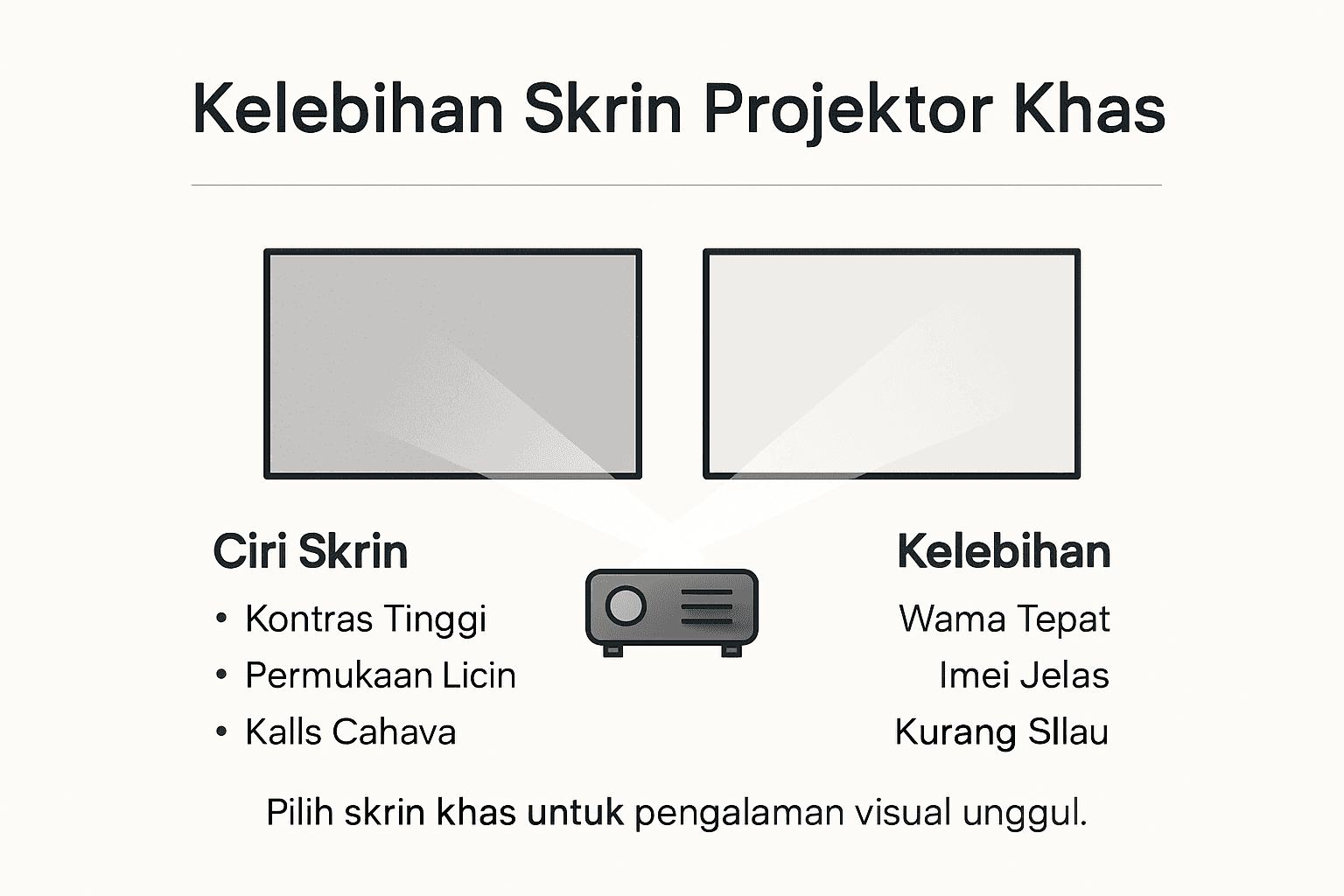 Infografik ini mengetengahkan pelbagai kelebihan menggunakan skrin projektor khas untuk pengalaman tontonan yang lebih memuaskan.