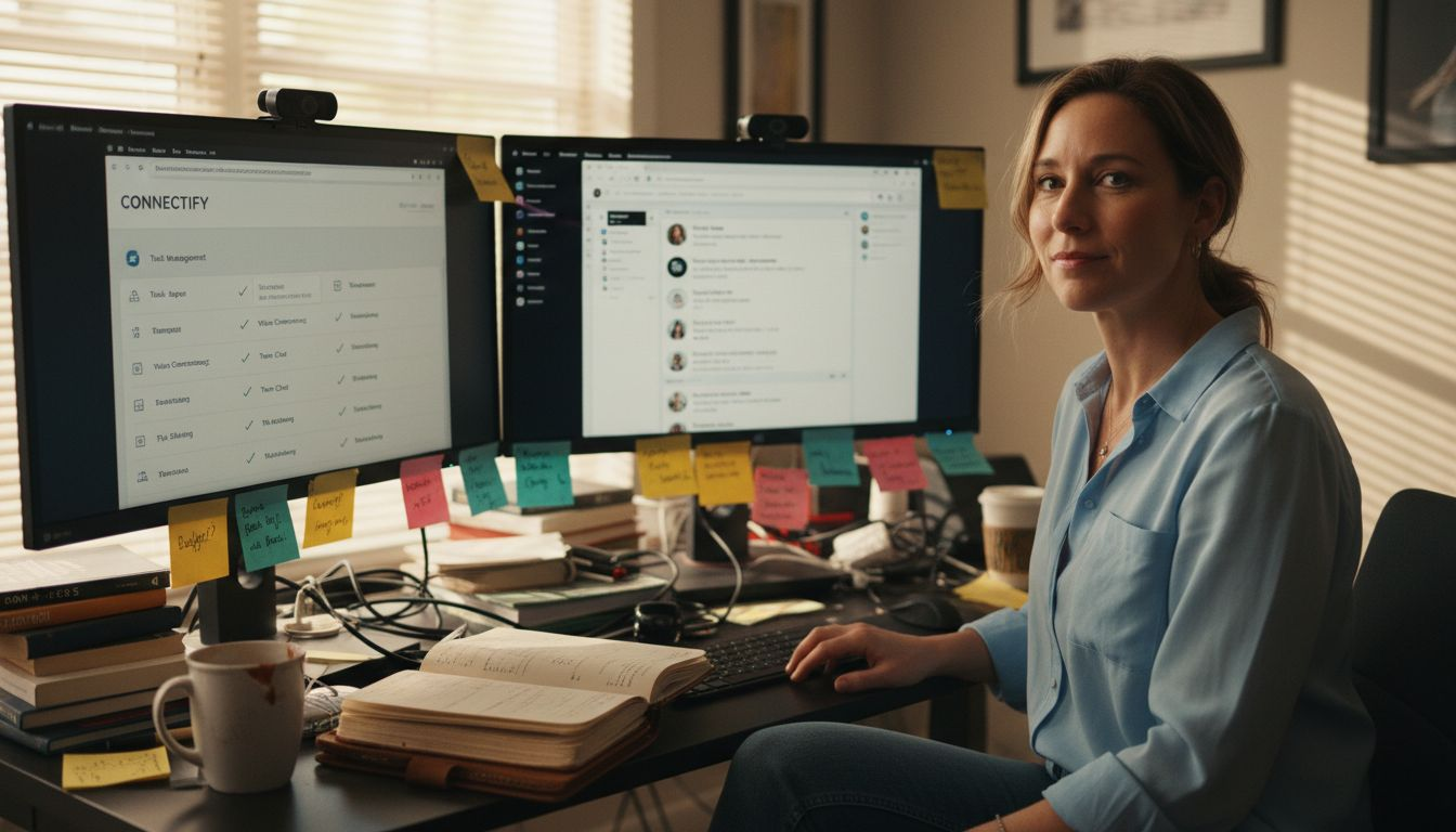 Manager comparing communication tools at home desk