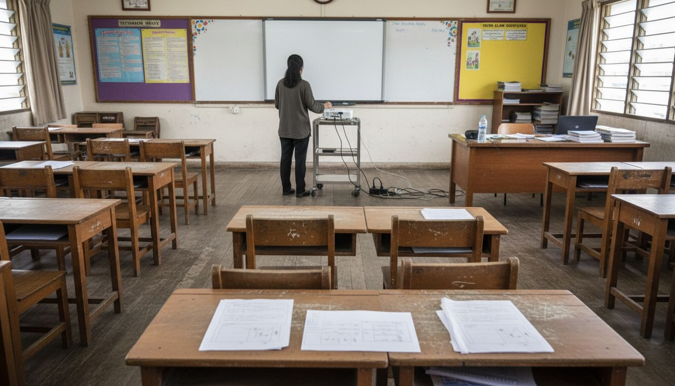 Cikgu sedang memasang projektor di dalam kelas untuk sesi pembelajaran.