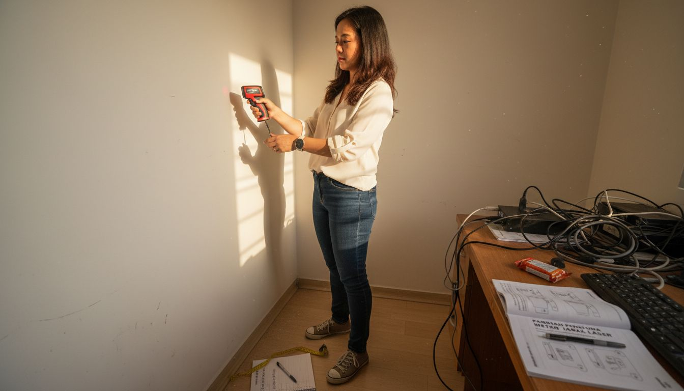 Seorang wanita sedang mengukur dinding untuk menentukan kedudukan terbaik projektor.
