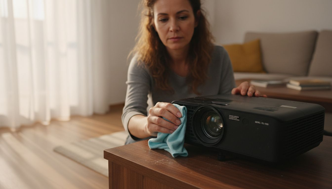 Seorang wanita sedang membersihkan habuk pada lensa projektor supaya imej yang dipaparkan lebih jelas.