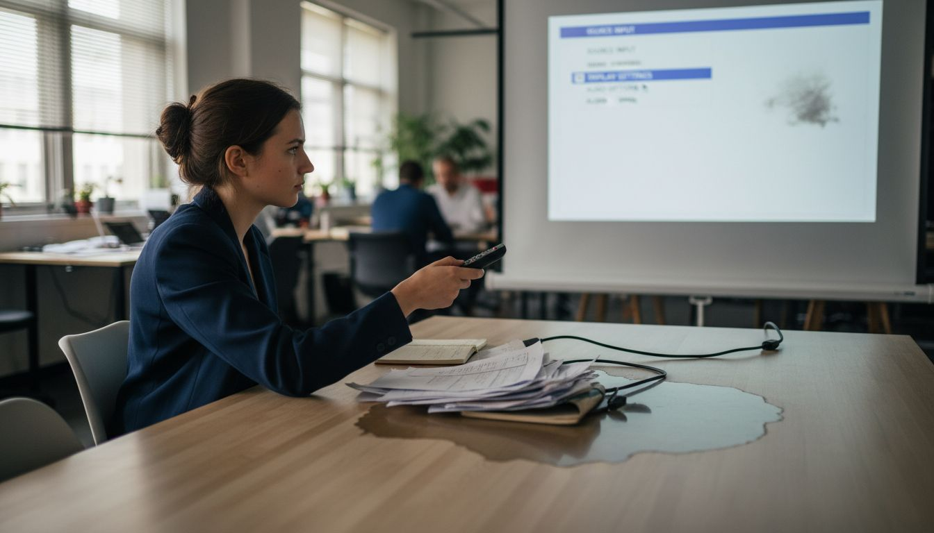Woman using projector menu in workspace