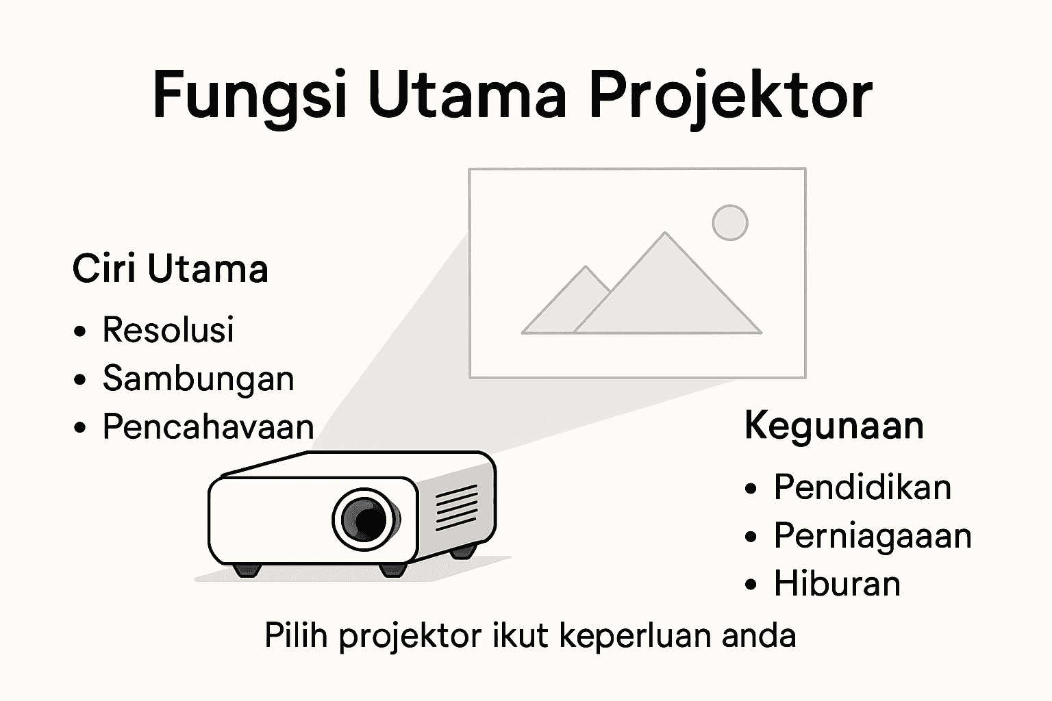 Infografik mengenai pelbagai fungsi dan kegunaan projektor
