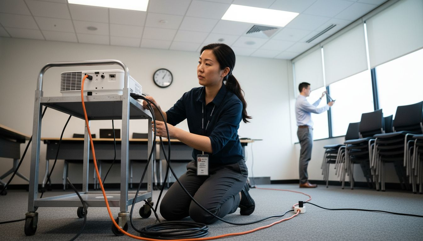 Technician setting up projector for meeting