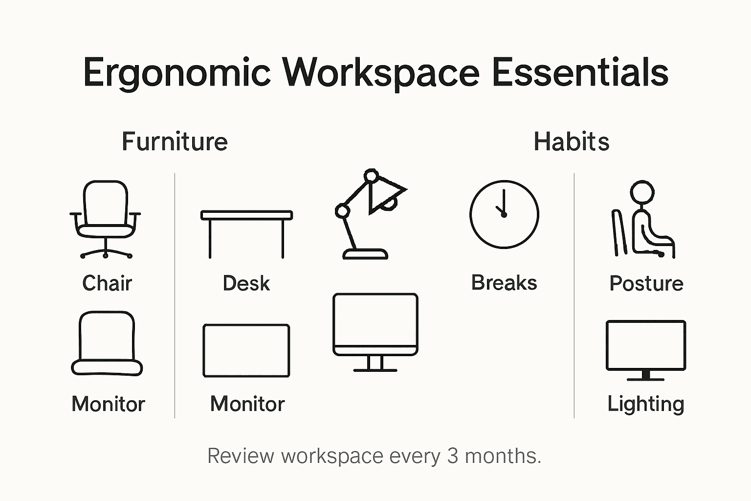 Infographic with ergonomic workspace essentials and habits