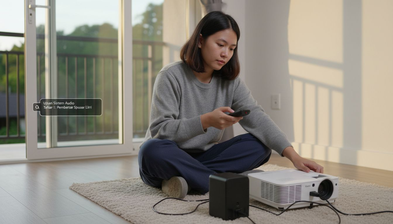 Seorang wanita sedang mencuba dan menilai kualiti sistem audio pada projektor.