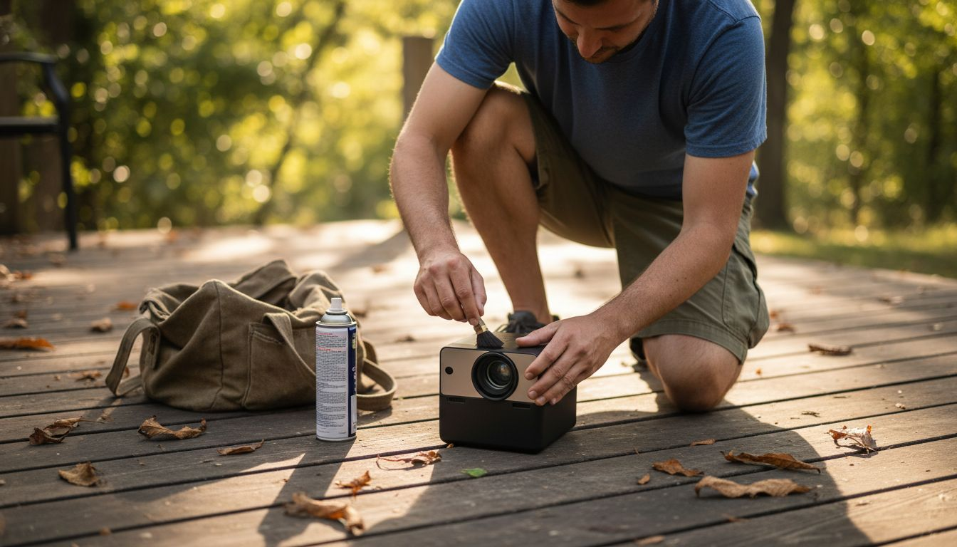Seorang lelaki sedang menyelenggara projektor luar di atas dek kayu.