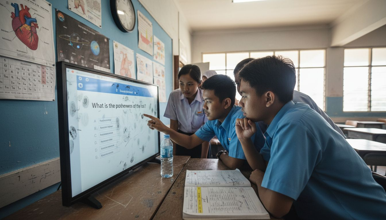 Students using interactive display in classroom