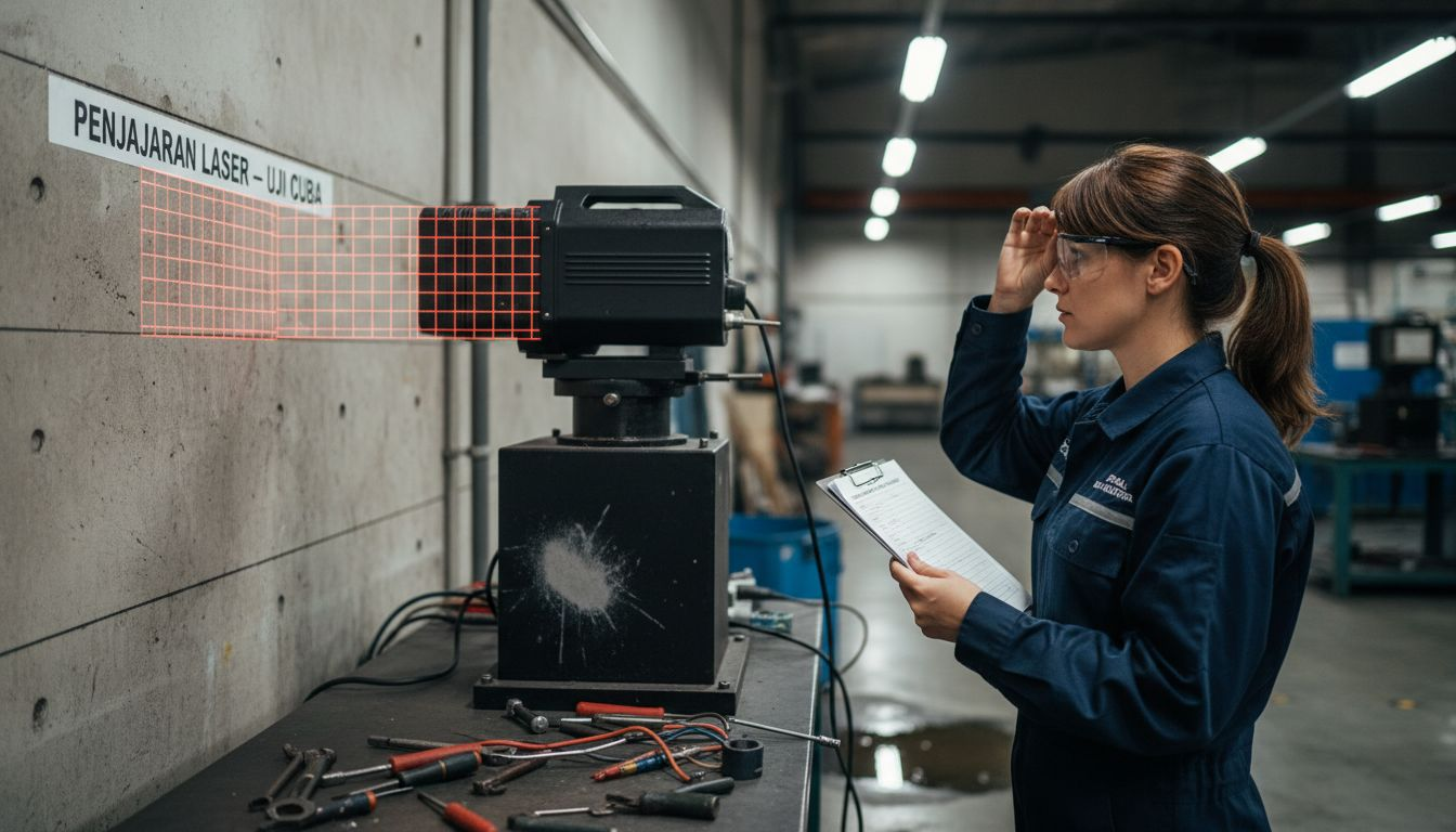 Seorang juruteknik sedang melakukan penyelarasan pada projektor laser industri.