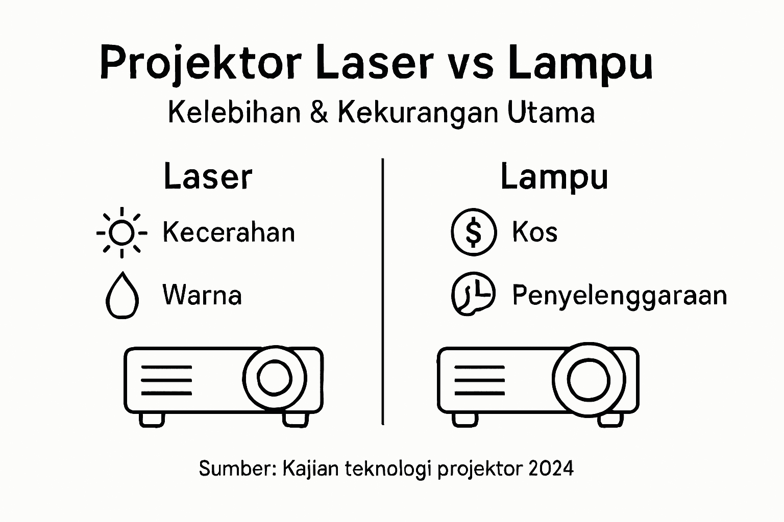 Infografik: Bandingkan kelebihan dan kekurangan projektor laser vs projektor lampu