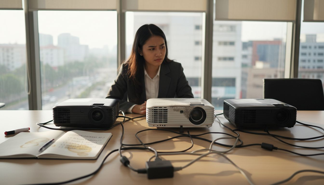 Seorang wanita sedang meneliti spesifikasi projektor di meja pejabatnya.