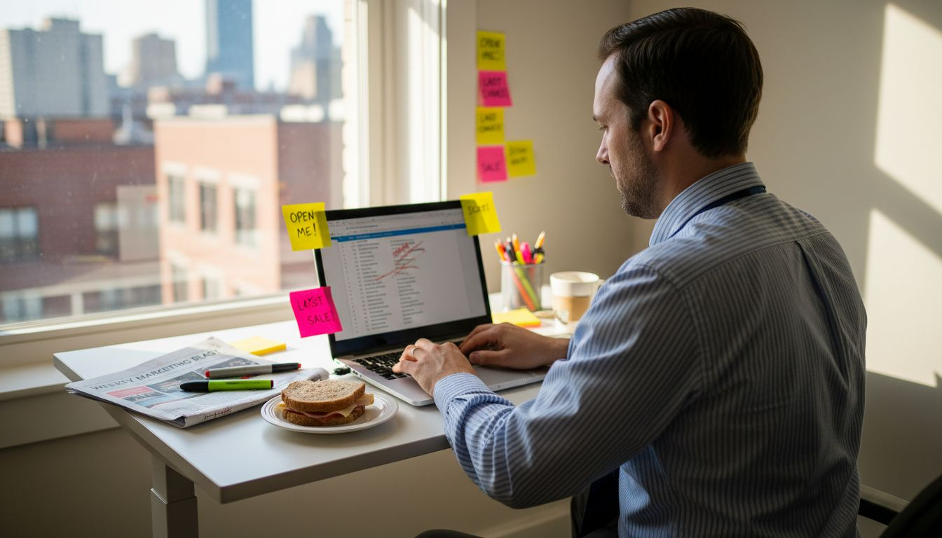 Marketer typing email subject lines at desk