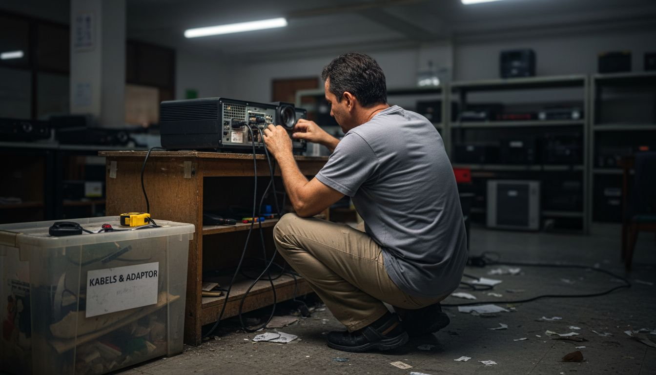 Seorang juruteknik sedang memastikan sambungan port projektor berfungsi dengan baik.