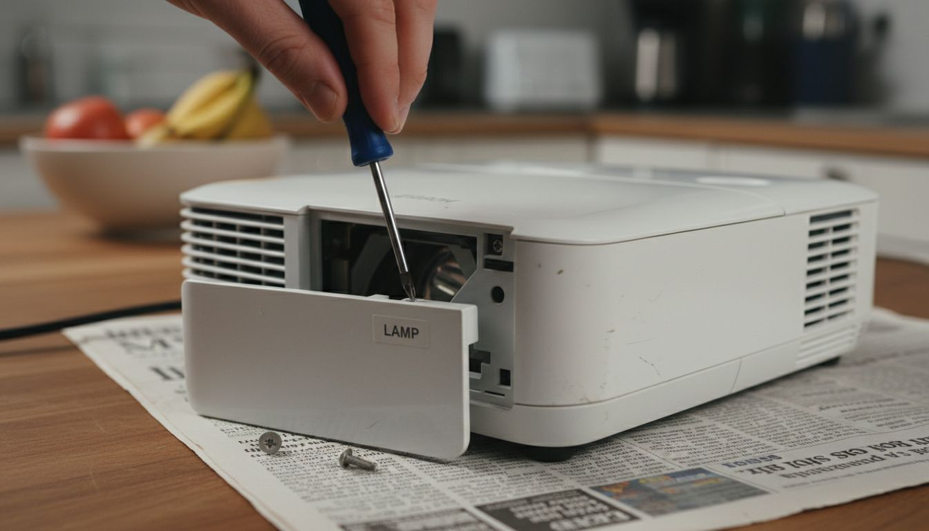 Hand unscrewing projector lamp compartment screws