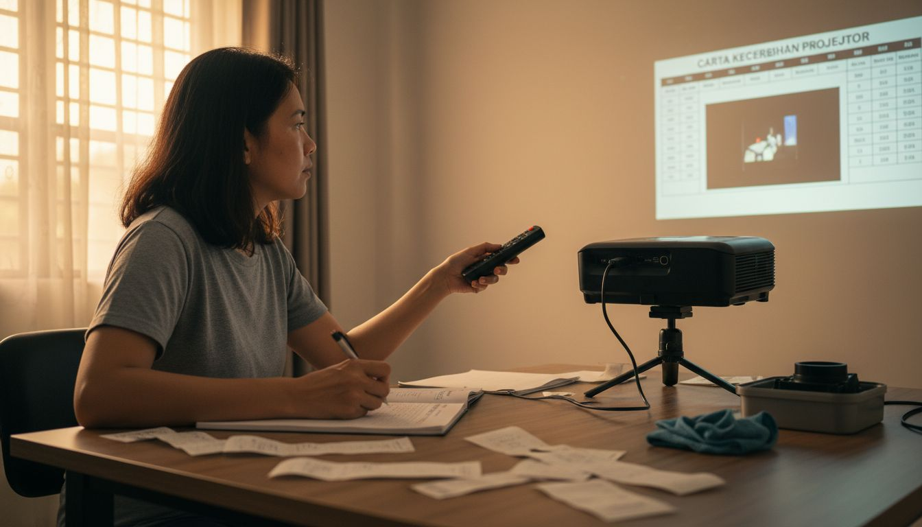Seorang wanita sedang memastikan lampu projektor cukup terang sebelum digunakan.