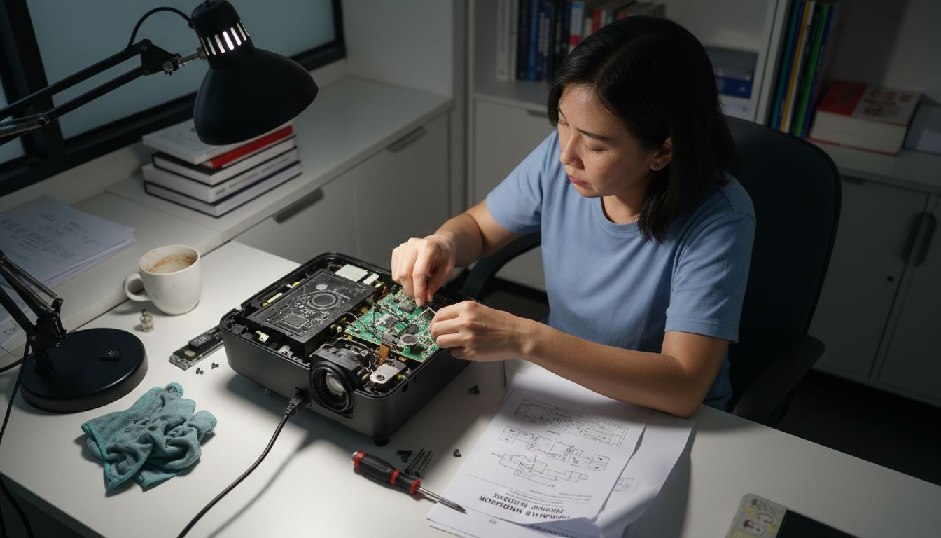 Seorang juruteknik sedang membaiki lampu projektor di atas meja kecil.