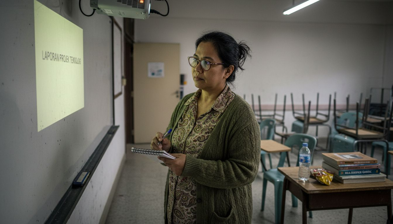 Seorang pengguna sedang memeriksa imej projektor yang malap di dalam bilik darjah.