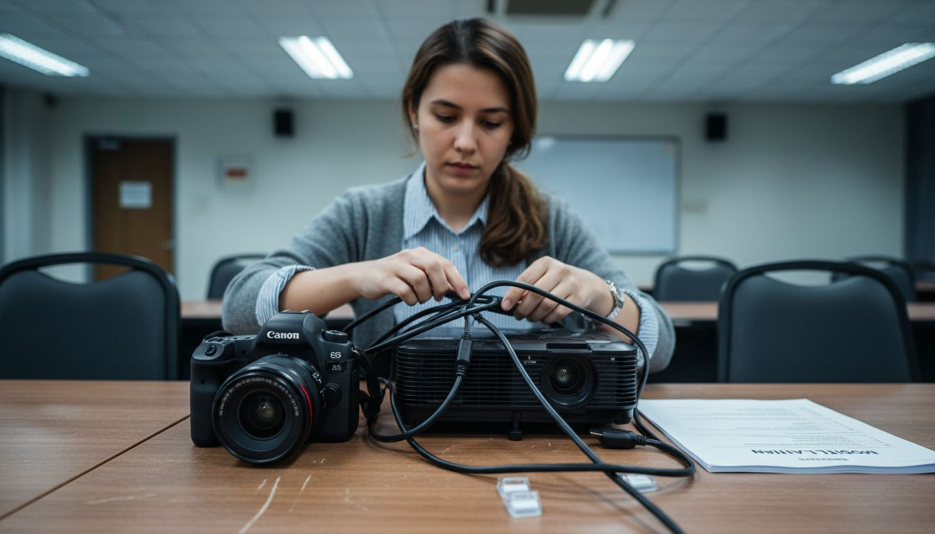 Seorang wanita sedang menyusun kabel projektor dengan kemas dan teratur.