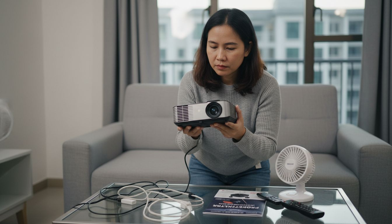 Seorang wanita sedang memeriksa projektor LED di ruang tamunya, memastikan semuanya berfungsi dengan baik sebelum digunakan.