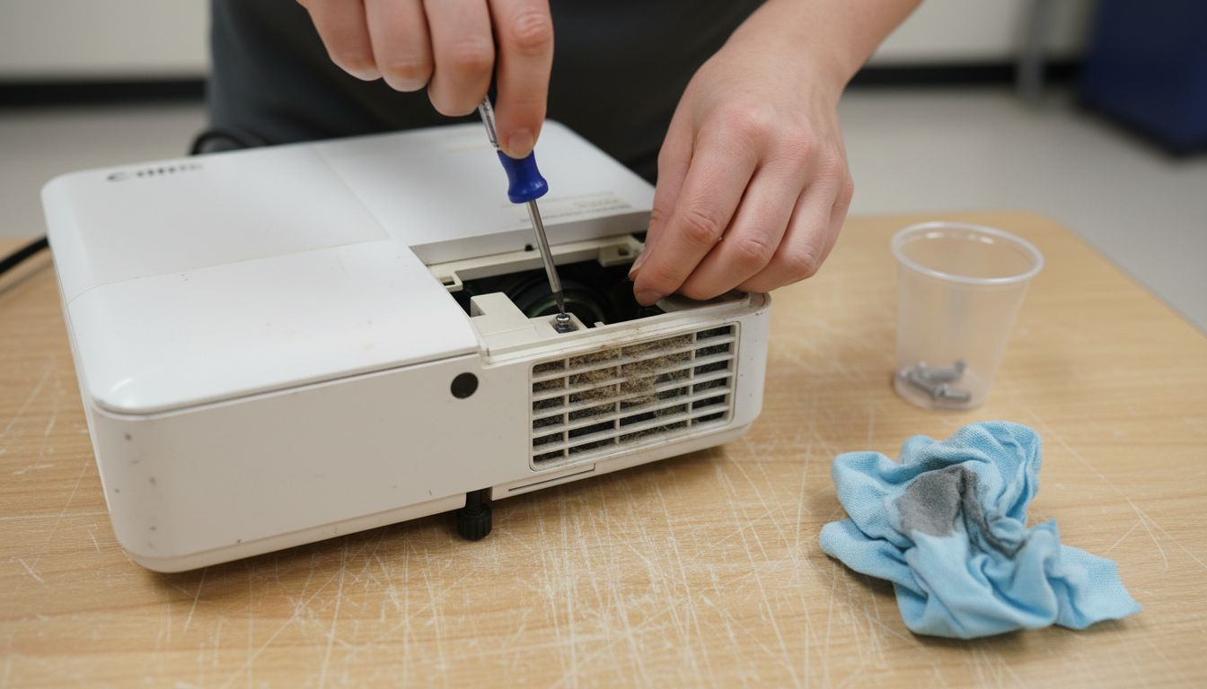 Hands removing projector lamp cover