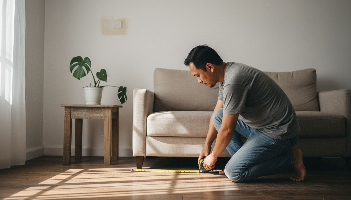 Seorang lelaki sedang mengukur jarak tontonan terbaik untuk projektor