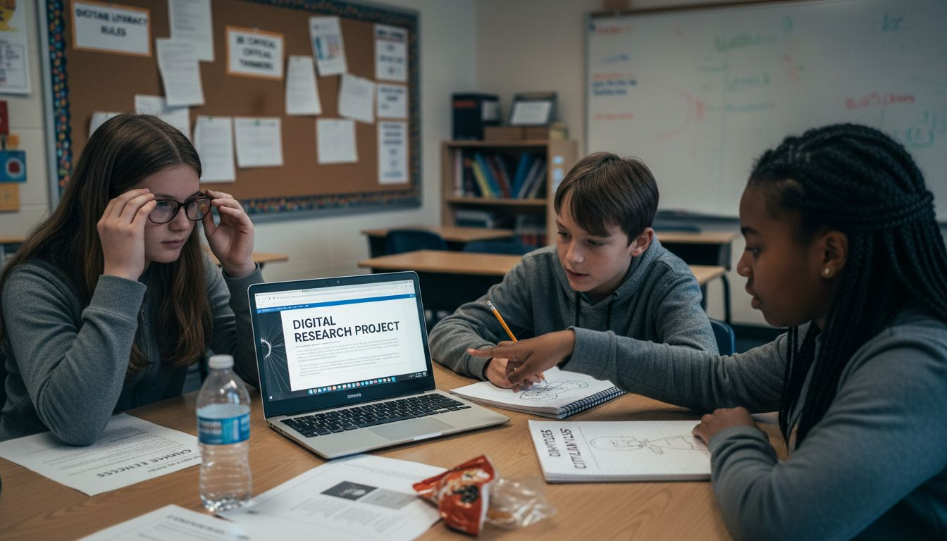 Students collaborate using digital devices