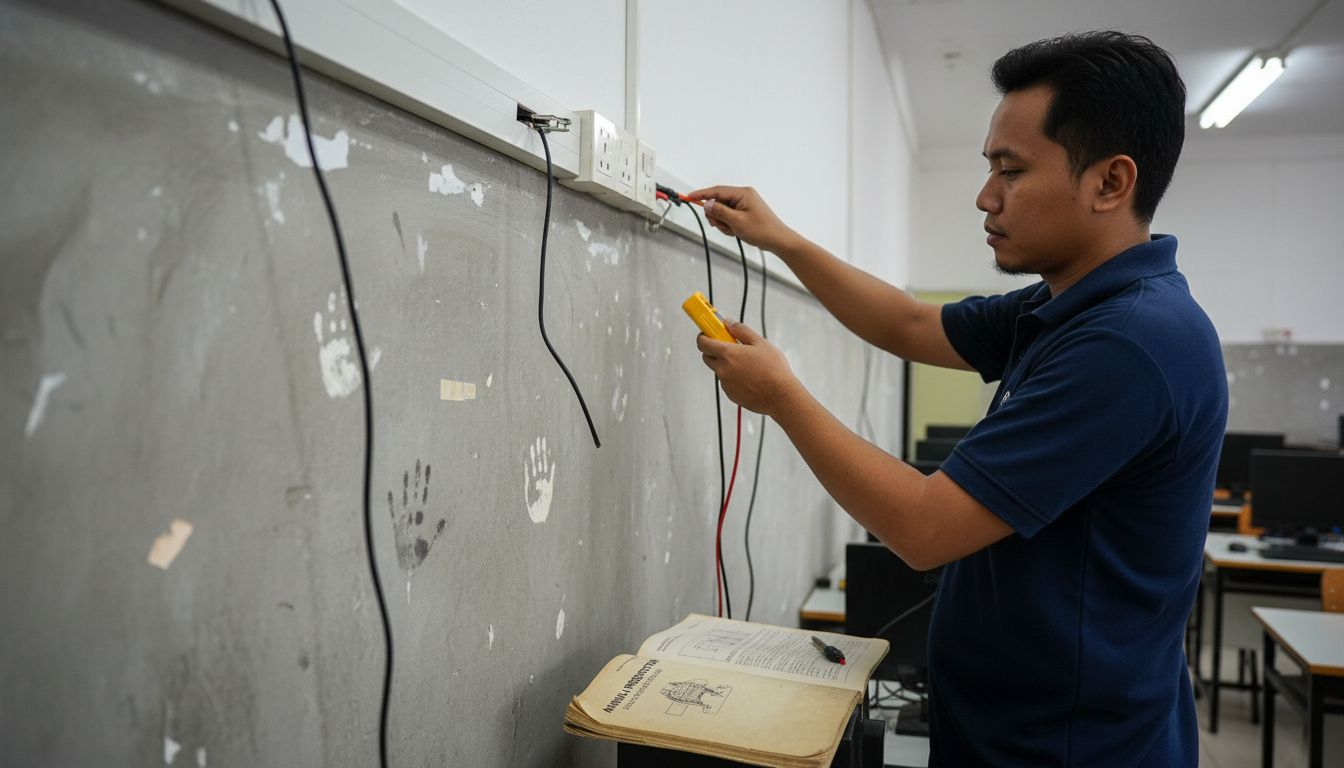 Seorang juruteknik sedang memasang projektor dengan berhati-hati di makmal sekolah untuk memastikan keselamatan semua pelajar dan guru.