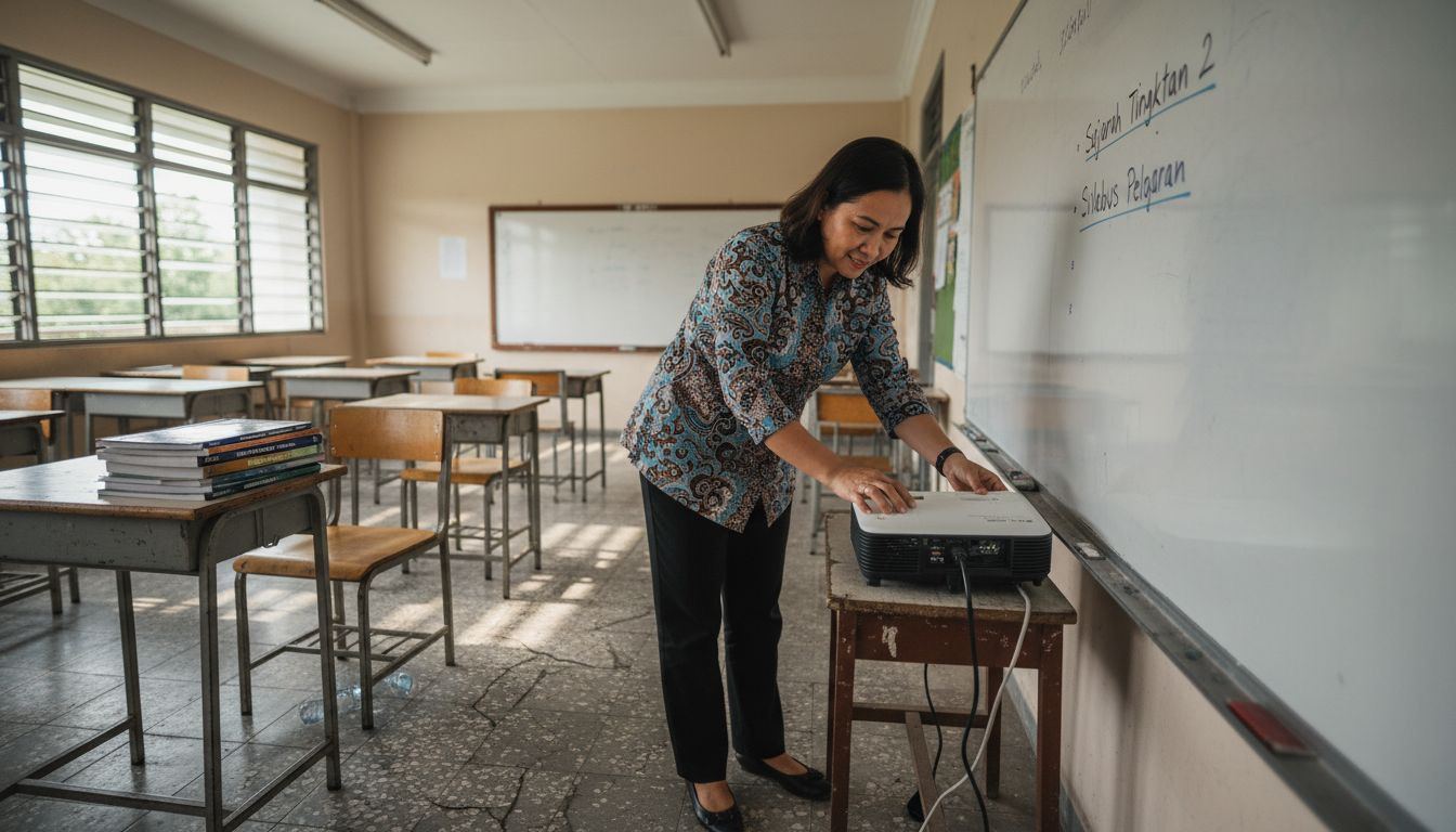 Cikgu sedang menyiapkan projektor di dalam kelas sebagai persediaan untuk sesi pembelajaran.