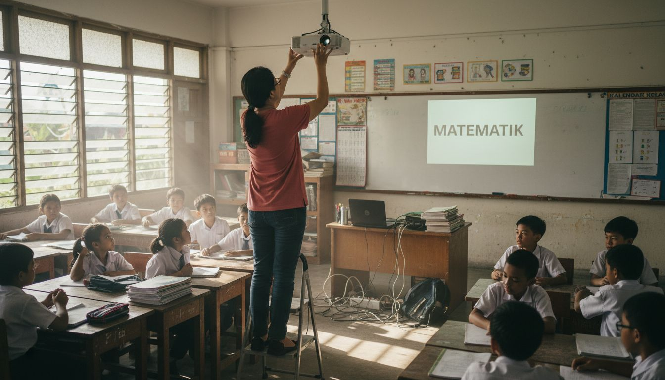 Guru sedang menyiapkan projektor di dalam kelas untuk memulakan sesi pembelajaran.