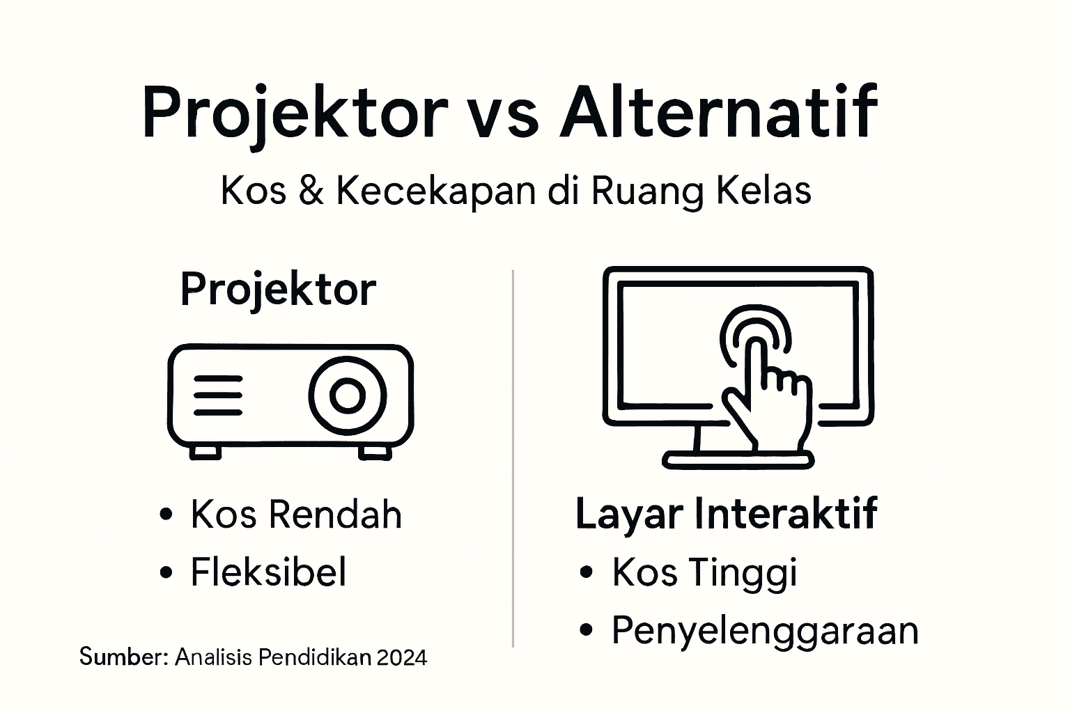 Infografik perbandingan antara projektor dan pilihan teknologi lain untuk bilik darjah