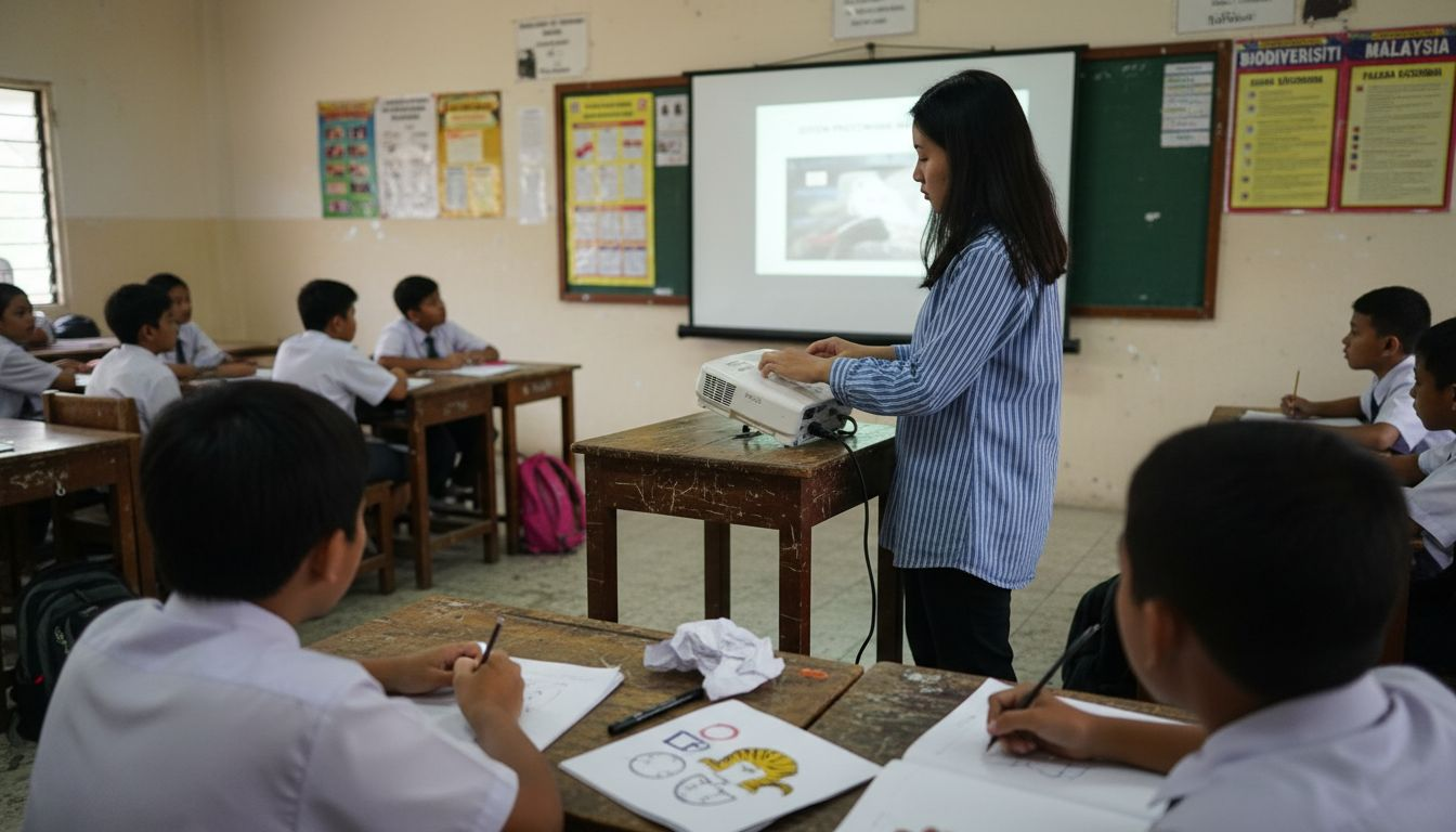 Guru menggunakan projektor mudah alih semasa mengajar di dalam kelas.