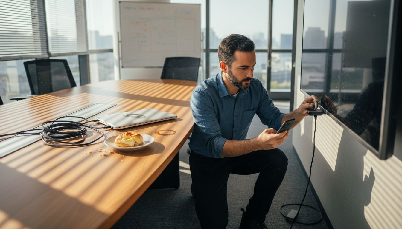 Seorang juruteknik sedang menyediakan peranti tanpa wayar untuk kegunaan mesyuarat.
