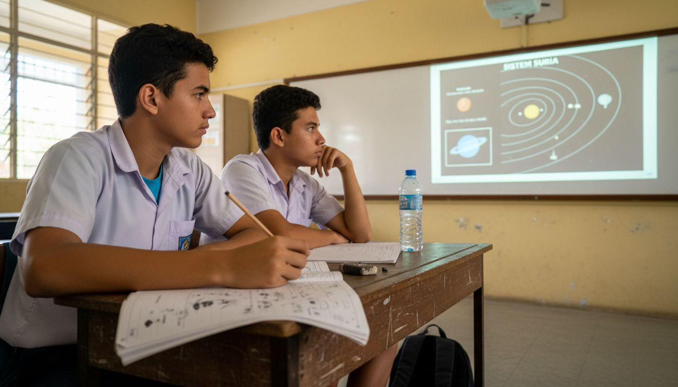 Para pelajar sedang menumpukan perhatian kepada tayangan yang dipaparkan melalui projektor di dalam kelas.