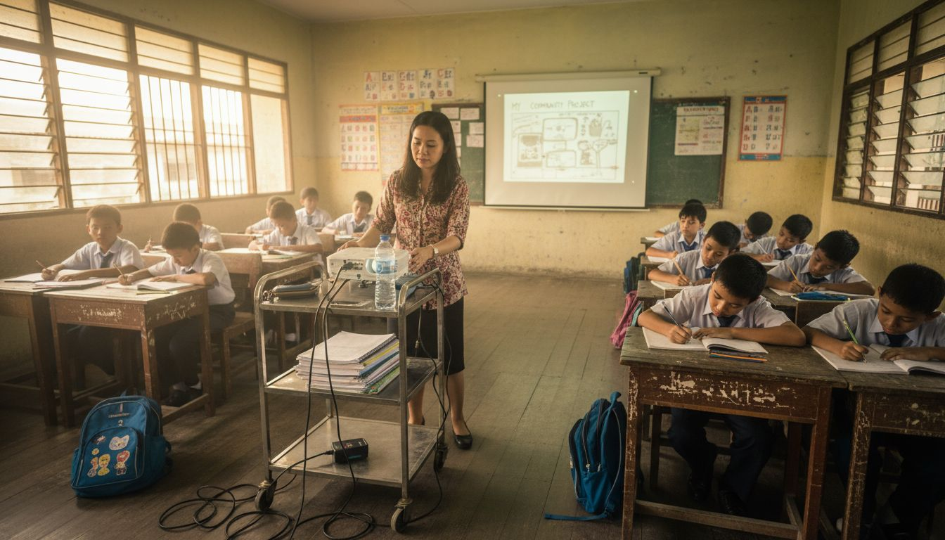 Teacher uses projector for student growth display