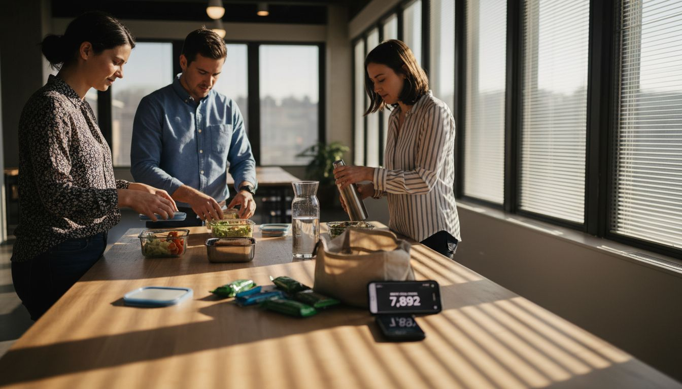 Colleagues packing healthy lunches at office table