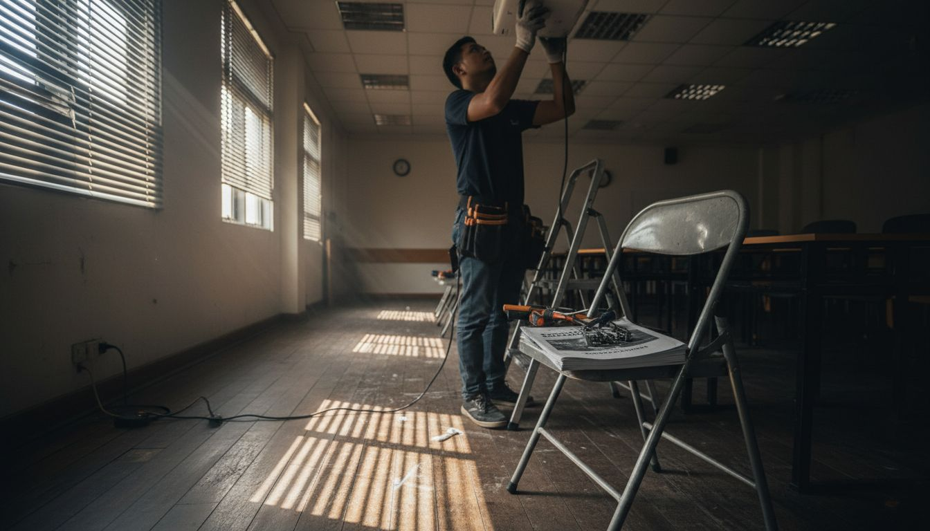 Seorang juruteknik sedang melakukan penyelenggaraan projektor.