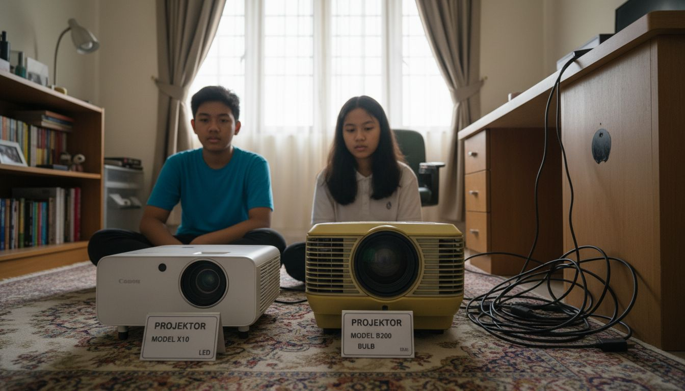 Sekumpulan remaja membandingkan kelebihan dan kekurangan projektor LED dengan projektor lampu biasa.